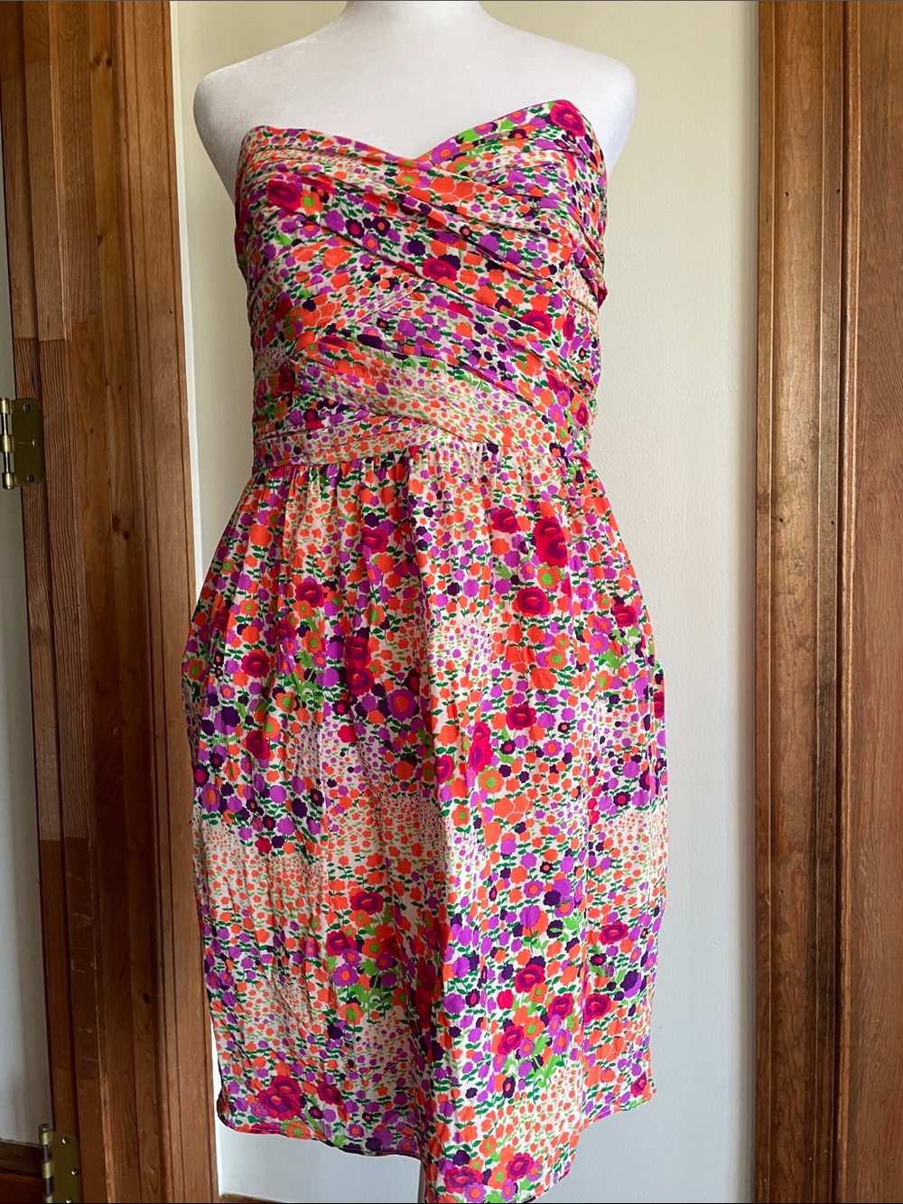 SHOSHANNA Ruched Neon Lotus Flora Silk Strapless Pink Orange Green Dress 10